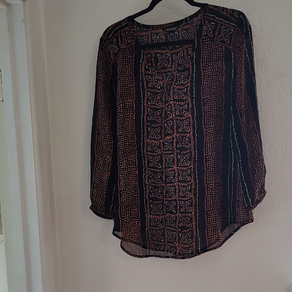 Lucky Brand Black Sheer Blouse with Rust Pattern
